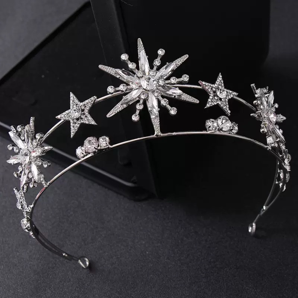 Unique Vintage Crystal Starburst & Star Tiara Headband in Silver